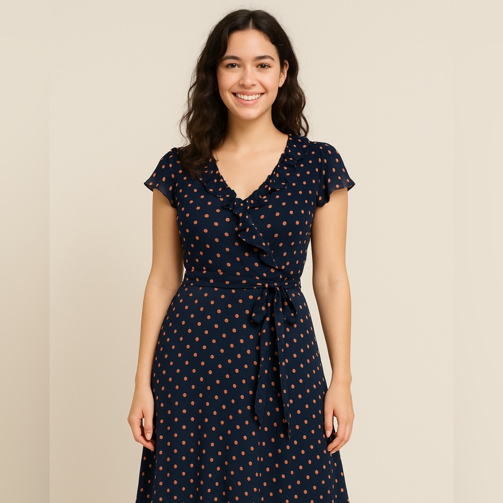 👗 MSK Navy Blue Polka Dot Ruffle Wrap Midi Dress Size Medium Sheer Overlay Belte